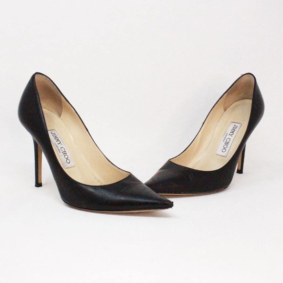 JIMMY CHOO #38051 London Black Leather Heels (US 5.5 EU 35.5) - Picture 1 of 8